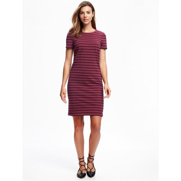 Old Navy Dresses & Skirts - Old Navy Striped Tee Dress Burgundy Red Black Short Sleeve Casual Everyday